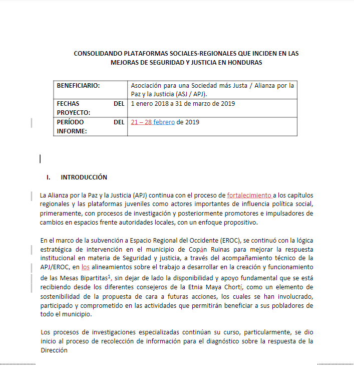 Consolidando Plataformas Sociales – Regionales Que Inciden En Las Mejoras De Seguridad Y Justicia En Honduras