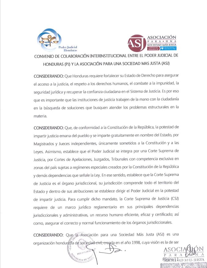 Convenio de Colaboración Interinstitucional entre el Poder Judicial de Honduras (PJ) y la Asociación para una Sociedad más Justa (ASJ)